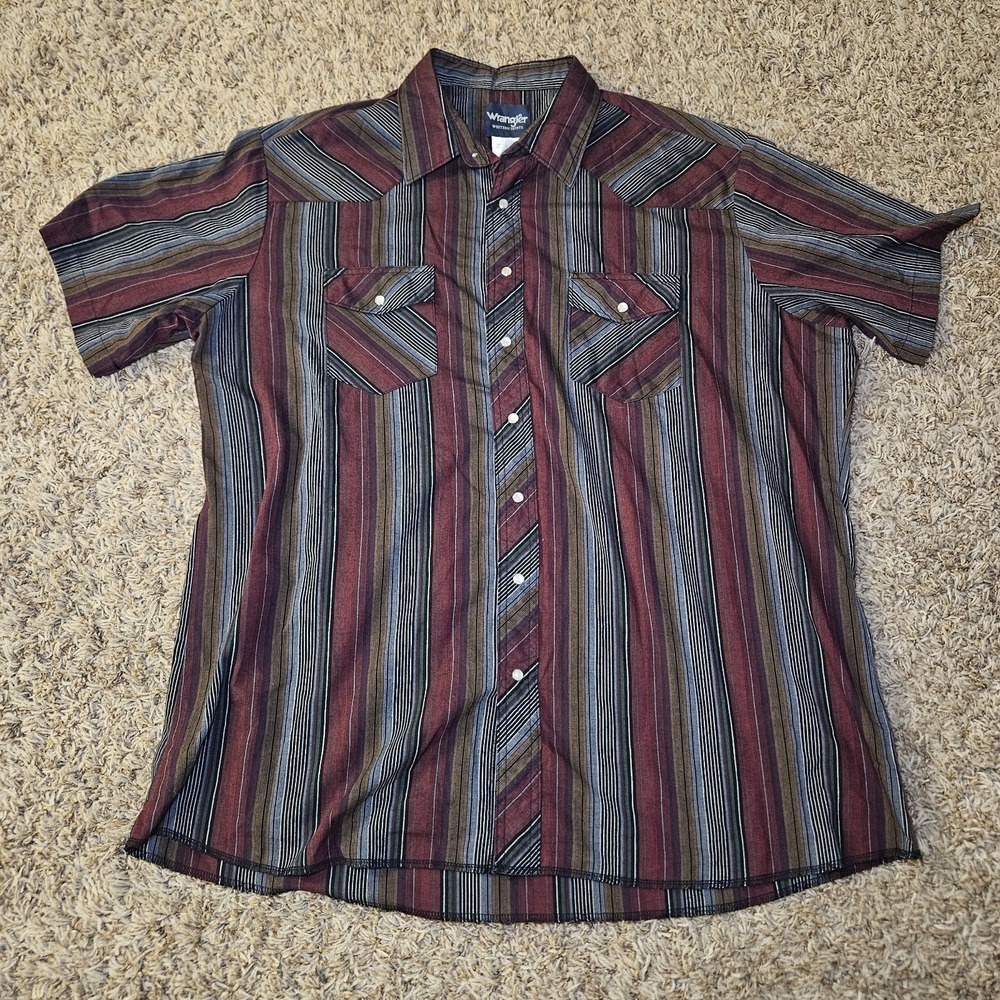 Vintage Wrangler Western Shirt Mens Size 2XLT Tall Pearl Snap Button Up Red Blue